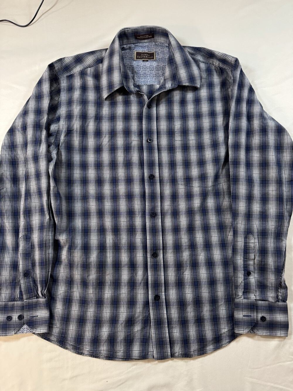 James Tattersall Mens Large Blue Plaid Button Up Shirt 100% Cotton Long Sleeve